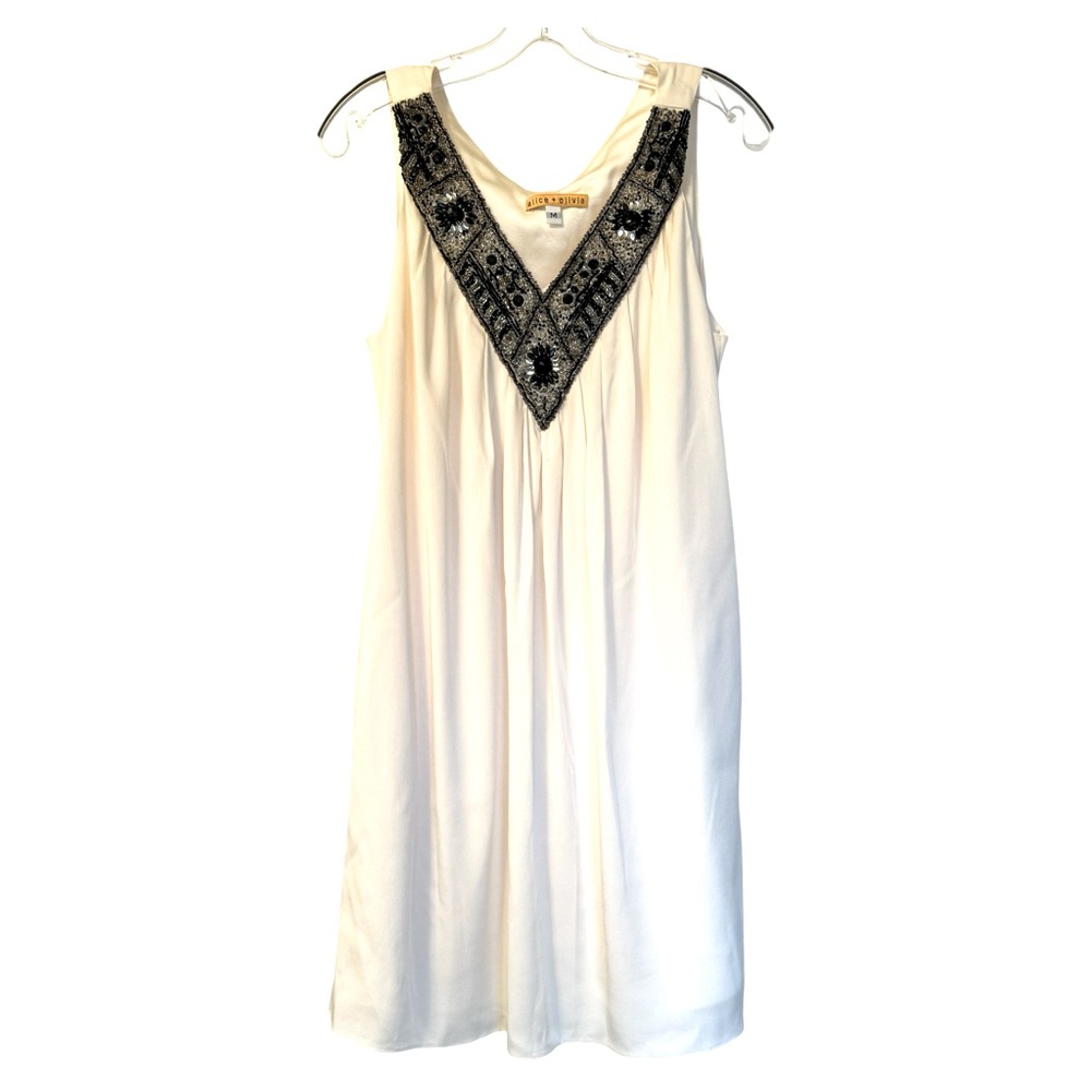 Alice + Olivia Womens Silk Beaded V-Neck Sleeveless Pullover Dress Cream M